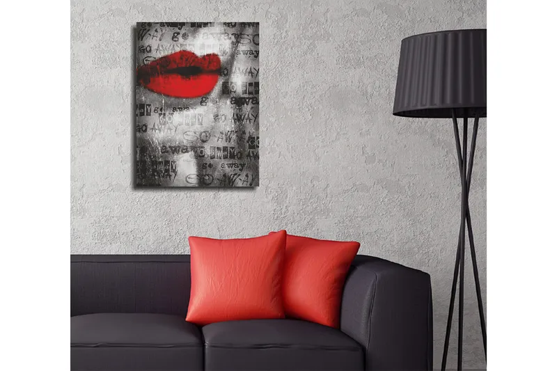 Pieni canvas-taulu 30x40 cm - Punainen huuli mustavalkoista taustaa vasten tekstillä ja kuviolla - Punainen / Musta / Valkoinen - Sisustustuotteet - Taulu & taide - Canvas-taulu