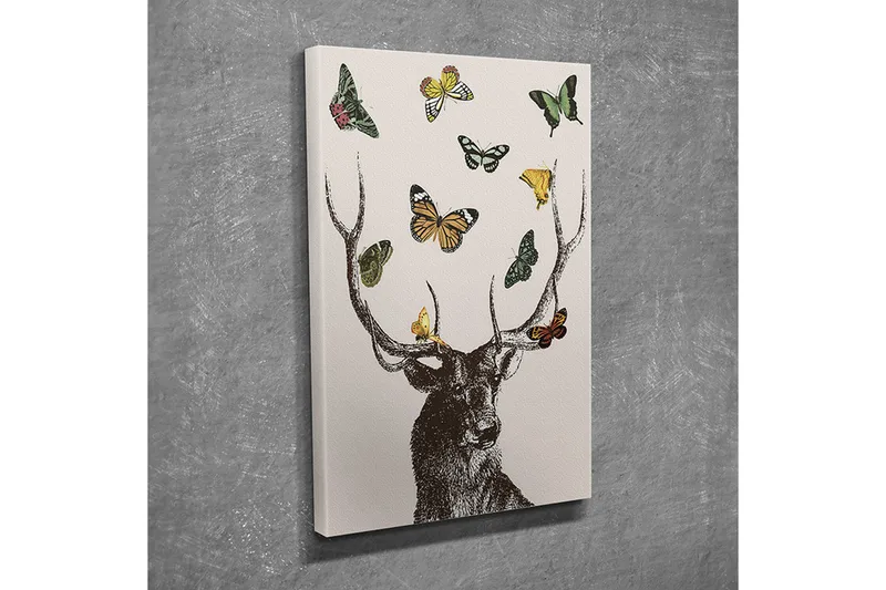 Pieni canvas-taulu 30x40 cm - Peura, jonka pään ympärillä leijuu värikkäitä perhosia, Ruskea / Vihreä / Keltainen