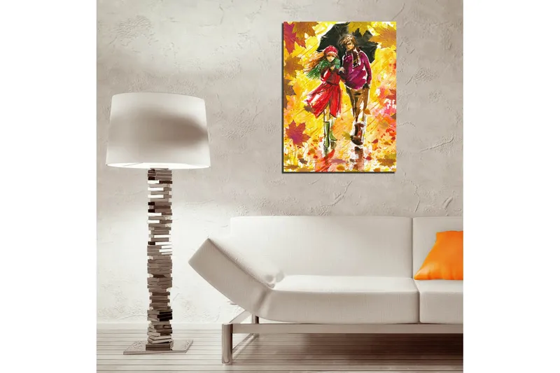 Pieni canvas-taulu 30x40 cm - Pariskunta kävelee sateenvarjon alla syysmaisemassa - Keltainen / Punainen / Vihreä - Sisustustuotteet - Taulu & taide - Canvas-taulu