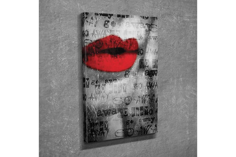 Pieni canvas-taulu 30x40 cm - Punainen huuli mustavalkoista taustaa vasten tekstillä ja kuviolla, Punainen / Musta / Valkoinen