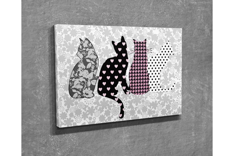 Pieni canvas-taulu 40x30 cm - Kissat eri kuvioissa ja väreissä, Musta / Vaaleanpunainen / Harmaa