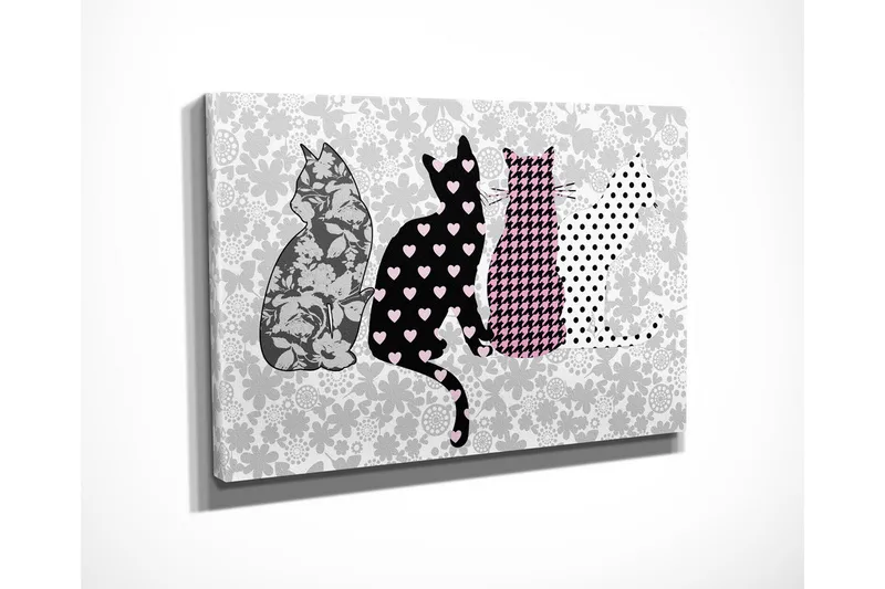 Pieni canvas-taulu 40x30 cm - Kissat eri kuvioissa ja väreissä - Musta / Vaaleanpunainen / Harmaa - Sisustustuotteet - Taulu & taide - Canvas-taulu