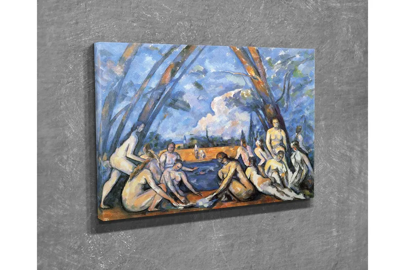 Pieni canvas-taulu 40x30 cm - Ryhmä alastomia ihmisiä veden reunalla puiden ympäröimänä - Sininen / Ihonväri / Oranssi - Sisustustuotteet - Taulu & taide - Canvas-taulu