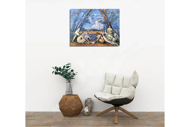 Pieni canvas-taulu 40x30 cm - Ryhmä alastomia ihmisiä veden reunalla puiden ympäröimänä - Sininen / Ihonväri / Oranssi - Sisustustuotteet - Taulu & taide - Canvas-taulu