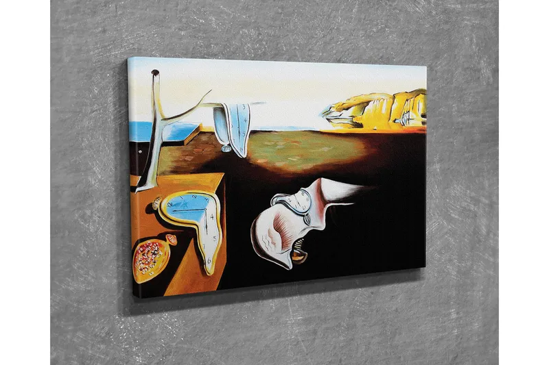 Pieni canvas-taulu 40x30 cm - Surrealistinen sommitelma sulatetuilla kelloilla ja maisemataustalla - Keltainen / Sininen / Ruskea - Sisustustuotteet - Taulu & taide - Canvas-taulu