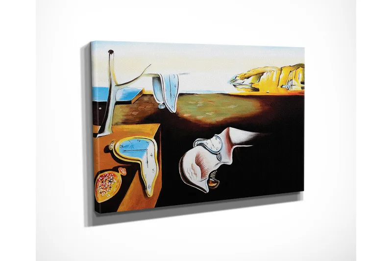 Pieni canvas-taulu 40x30 cm - Surrealistinen sommitelma sulatetuilla kelloilla ja maisemataustalla - Keltainen / Sininen / Ruskea - Sisustustuotteet - Taulu & taide - Canvas-taulu