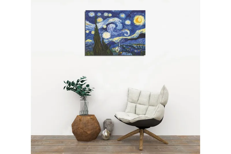 Pieni canvas-taulu 40x30 cm - Tähtikirkas yö pyörteilevien pilvien ja kylän kanssa etualalla - Tummansininen / Keltainen / Vihreä - Sisustustuotteet - Taulu & taide - Canvas-taulu