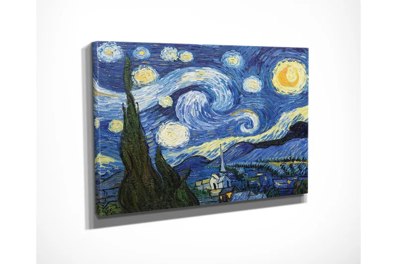 Pieni canvas-taulu 40x30 cm - Tähtikirkas yö pyörteilevien pilvien ja kylän kanssa etualalla - Tummansininen / Keltainen / Vihreä - Sisustustuotteet - Taulu & taide - Canvas-taulu