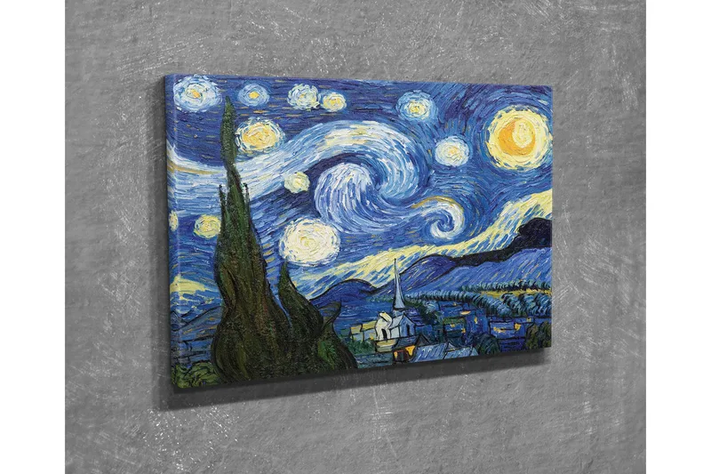 Pieni canvas-taulu 40x30 cm - Tähtikirkas yö pyörteilevien pilvien ja kylän kanssa etualalla, Tummansininen / Keltainen / Vihreä