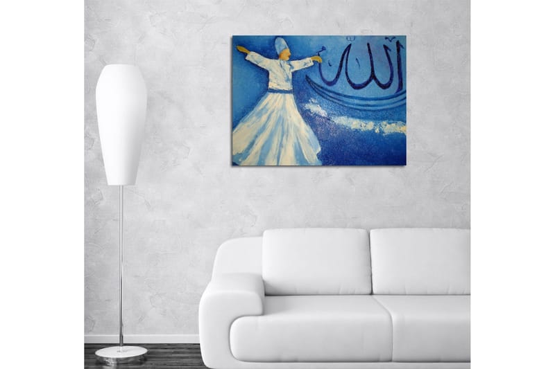 Pieni canvas-taulu 40x30 cm - Tanssiva henkilö valkoisissa vaatteissa sinistä taustaa vasten kalligrafisilla elementeillä - Sininen / Valkoinen / Beige - Sisustustuotteet - Taulu & taide - Canvas-taulu