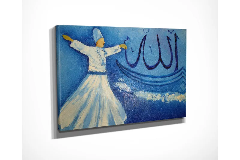 Pieni canvas-taulu 40x30 cm - Tanssiva henkilö valkoisissa vaatteissa sinistä taustaa vasten kalligrafisilla elementeillä - Sininen / Valkoinen / Beige - Sisustustuotteet - Taulu & taide - Canvas-taulu