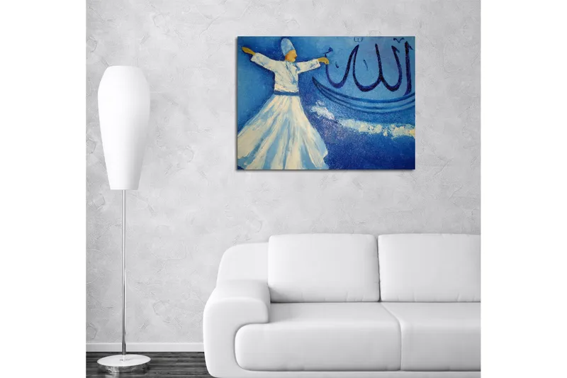 Pieni canvas-taulu 40x30 cm - Tanssiva henkilö valkoisissa vaatteissa sinistä taustaa vasten kalligrafisilla elementeillä - Sininen / Valkoinen / Beige - Sisustustuotteet - Taulu & taide - Canvas-taulu