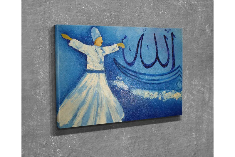 Pieni canvas-taulu 40x30 cm - Tanssiva henkilö valkoisissa vaatteissa sinistä taustaa vasten kalligrafisilla elementeillä - Sininen / Valkoinen / Beige - Sisustustuotteet - Taulu & taide - Canvas-taulu