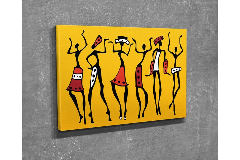Pieni canvas-taulu 40x30 cm - Tanssivia naisia värikkäissä vaatteissa, Keltainen / Musta / Punainen