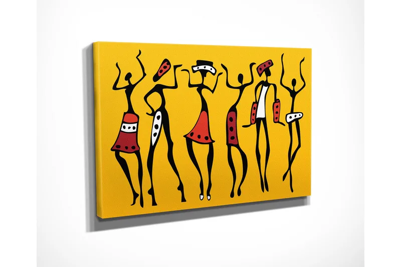 Pieni canvas-taulu 40x30 cm - Tanssivia naisia värikkäissä vaatteissa - Keltainen / Musta / Punainen - Sisustustuotteet - Taulu & taide - Canvas-taulu