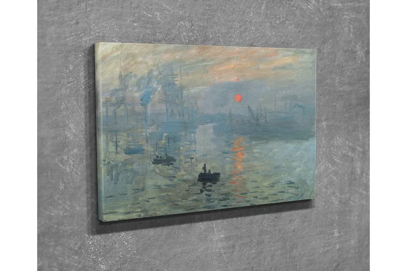 Pieni canvas-taulu 40x30 cm - Tunnelmallinen järvimaisema auringonlaskun ja veneiden kera, Sininen / Oranssi / Harmaa