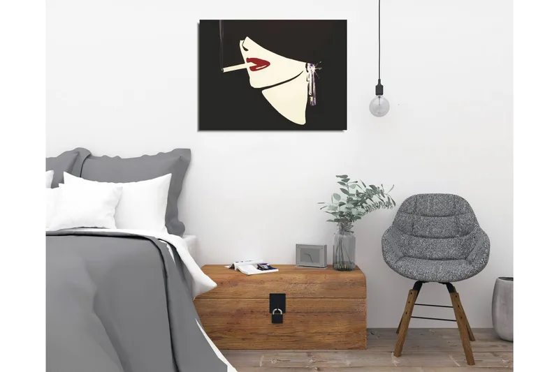 Pieni canvas-taulu 40x30 cm - Tyylitelty naisen kasvot savukkeen ja punaisen huulipunan kanssa - Musta / Valkoinen / Punainen - Sisustustuotteet - Taulu & taide - Canvas-taulu