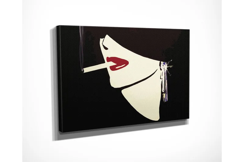 Pieni canvas-taulu 40x30 cm - Tyylitelty naisen kasvot savukkeen ja punaisen huulipunan kanssa - Musta / Valkoinen / Punainen - Sisustustuotteet - Taulu & taide - Canvas-taulu