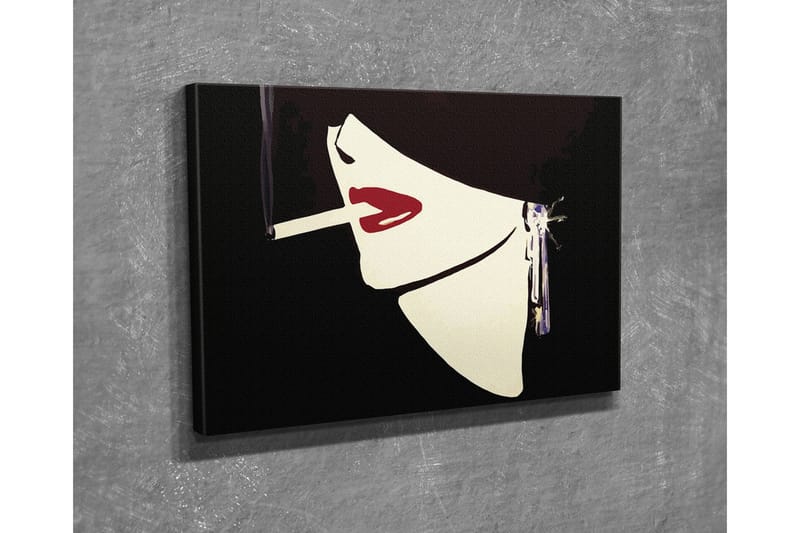 Pieni canvas-taulu 40x30 cm - Tyylitelty naisen kasvot savukkeen ja punaisen huulipunan kanssa, Musta / Valkoinen / Punainen