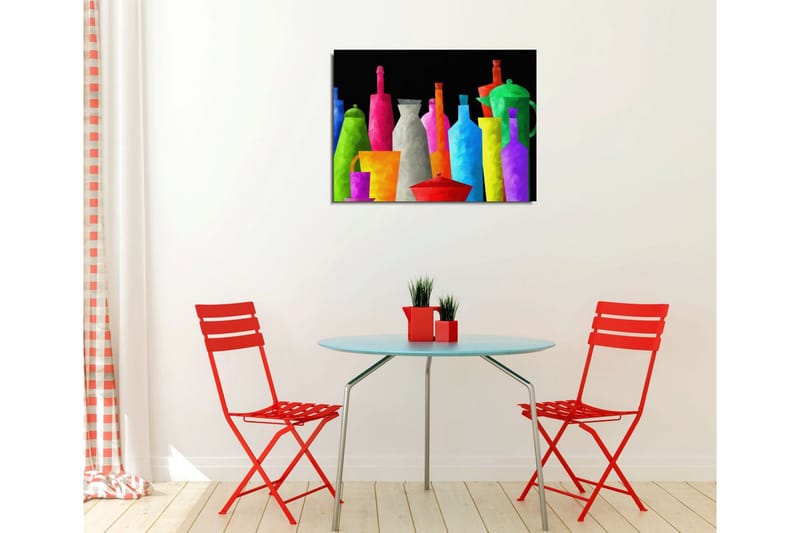 Pieni canvas-taulu 40x30 cm - Värikäs kokoelma keittiövälineitä ja pulloja - Vihreä / Vaaleanpunainen / Oranssi - Sisustustuotteet - Taulu & taide - Canvas-taulu