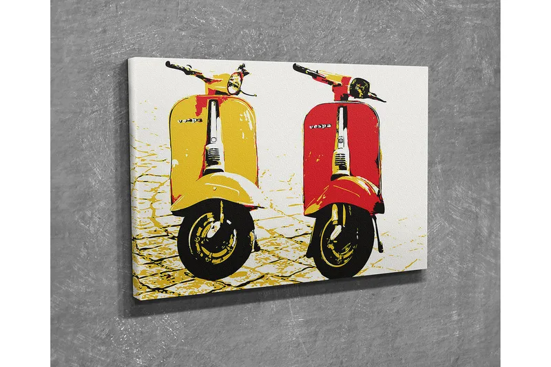 Pieni canvas-taulu 40x30 cm - Värikkäät Vespa-skootterit keltaisina ja punaisina, Keltainen / Punainen