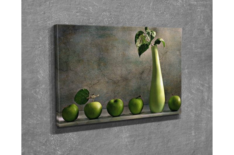 Pieni canvas-taulu 40x30 cm - Vihreä omenakori tyylikkäällä maljakolla - Vihreä / Vaaleanvihreä - Sisustustuotteet - Taulu & taide - Canvas-taulu