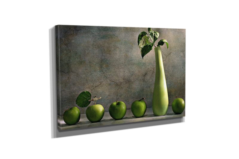 Pieni canvas-taulu 40x30 cm - Vihreä omenakori tyylikkäällä maljakolla - Vihreä / Vaaleanvihreä - Sisustustuotteet - Taulu & taide - Canvas-taulu
