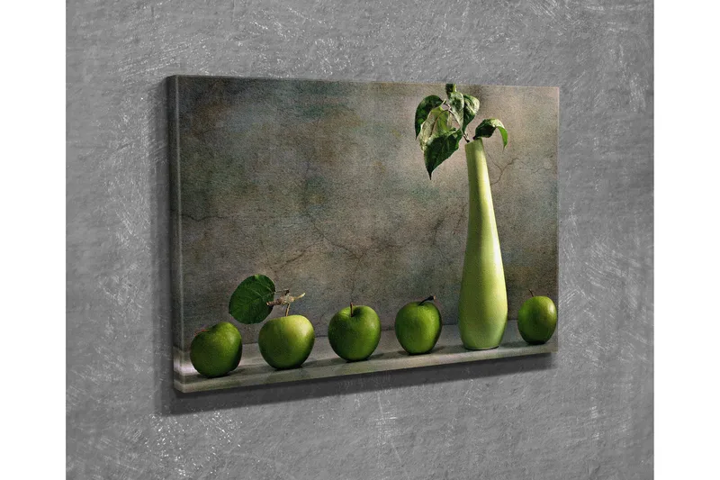 Pieni canvas-taulu 40x30 cm - Vihreä omenakori tyylikkäällä maljakolla, Vihreä / Vaaleanvihreä