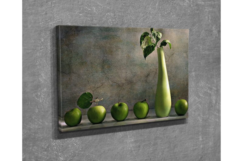 Pieni canvas-taulu 40x30 cm - Vihreä omenakori tyylikkäällä maljakolla, Vihreä / Vaaleanvihreä