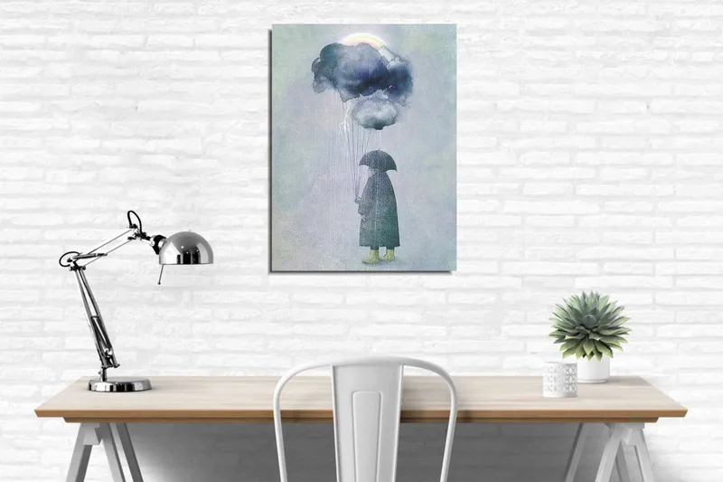 Pieni kangas 30x40 cm - Henkilö sateenvarjon kanssa seisomassa sadepilvien alla - Tummansininen / Vaaleanharmaa / Keltavihreä - Sisustustuotteet - Taulu & taide - Canvas-taulu