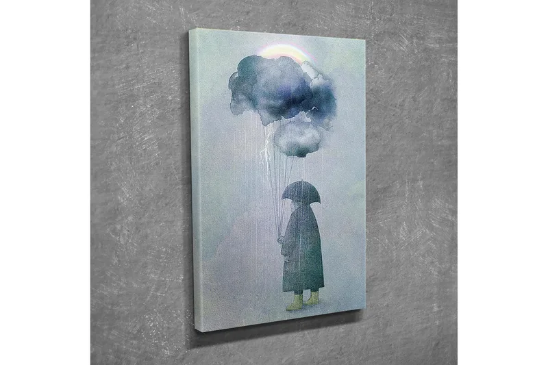 Pieni kangas 30x40 cm - Henkilö sateenvarjon kanssa seisomassa sadepilvien alla, Tummansininen / Vaaleanharmaa / Keltavihreä