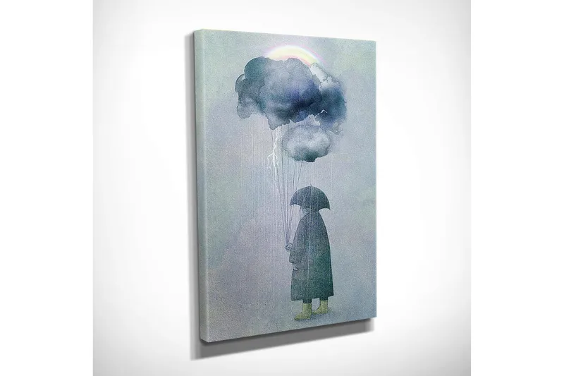 Pieni kangas 30x40 cm - Henkilö sateenvarjon kanssa seisomassa sadepilvien alla - Tummansininen / Vaaleanharmaa / Keltavihreä - Sisustustuotteet - Taulu & taide - Canvas-taulu