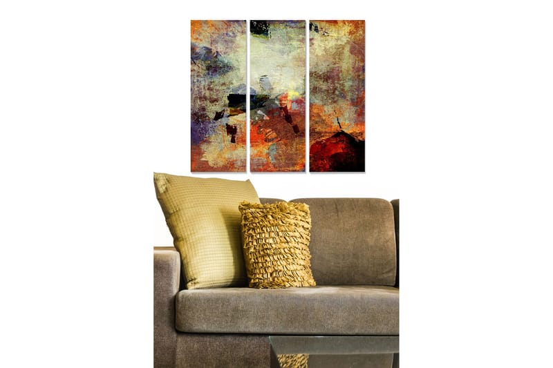 Puinen canvas-taulu, 3 osaa, 50x70 cm - Abstrakti sommitelma lämpimin värein ja tekstuurein, Punainen / Oranssi / Keltainen