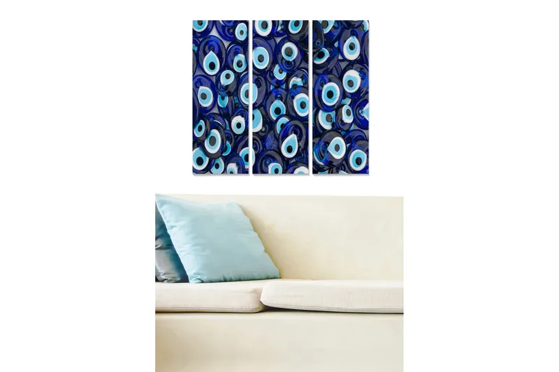 Puinen canvas-taulu, 3 osaa, 50x70 cm - Abstrakti sommitelma silmänmuotoisilla muodoilla, Tummansininen / Vaaleansininen / Valkoinen