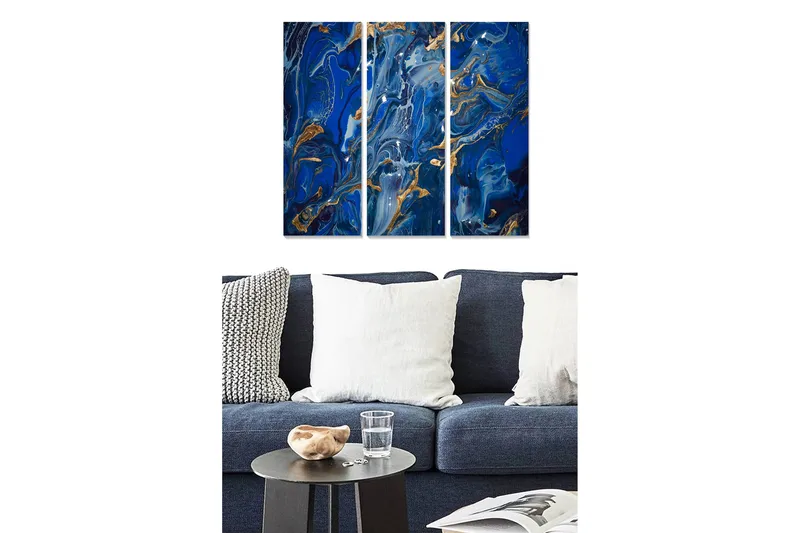 Puinen canvas-taulu, 3 osaa, 50x70 cm - Abstrakti sommitelma sinisillä ja kultaisilla kuvioilla, Tummansininen / Kultainen / Vaaleansininen