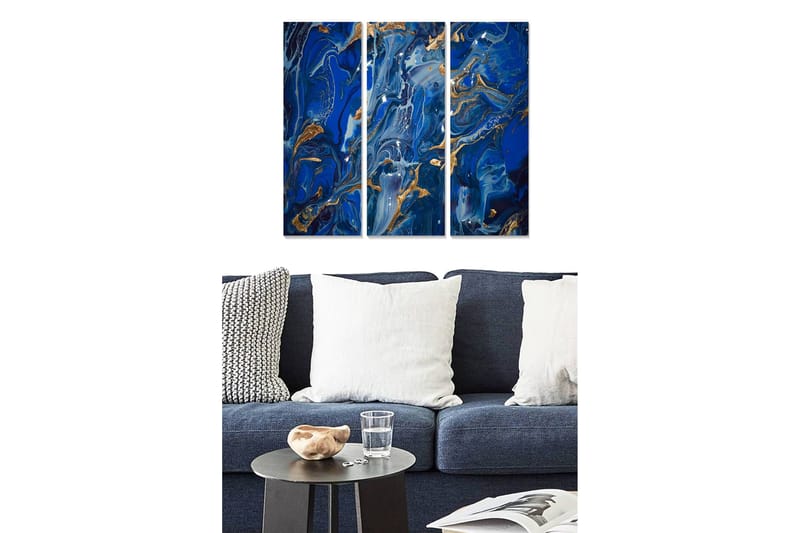 Puinen canvas-taulu, 3 osaa, 50x70 cm - Abstrakti sommitelma sinisillä ja kultaisilla kuvioilla, Tummansininen / Kultainen / Vaaleansininen