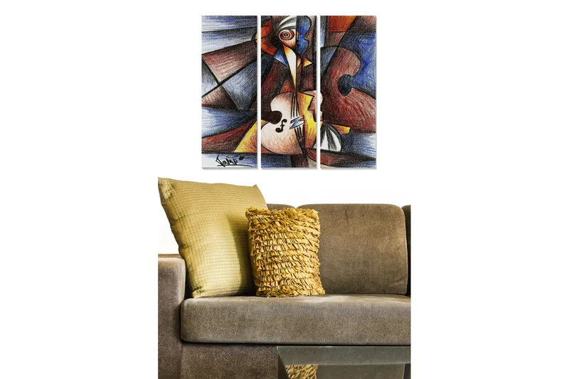 Puinen canvas-taulu, 3 osaa, 50x70 cm - Abstrakti sommitelma soittimilla ja geometrisilla muodoilla, Tummansininen / Punainen / Beige