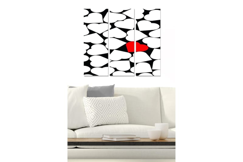 Puinen canvas-taulu, 3 osaa, 50x70 cm - Abstrakti sommitelma sydämenmuotoisilla elementeillä, Punainen / Musta / Valkoinen