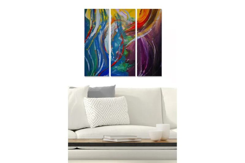 Puinen canvas-taulu, 3 osaa, 50x70 cm - Abstrakti sommitelma värikkäillä keinuilla, Sininen / Vihreä / Violetti