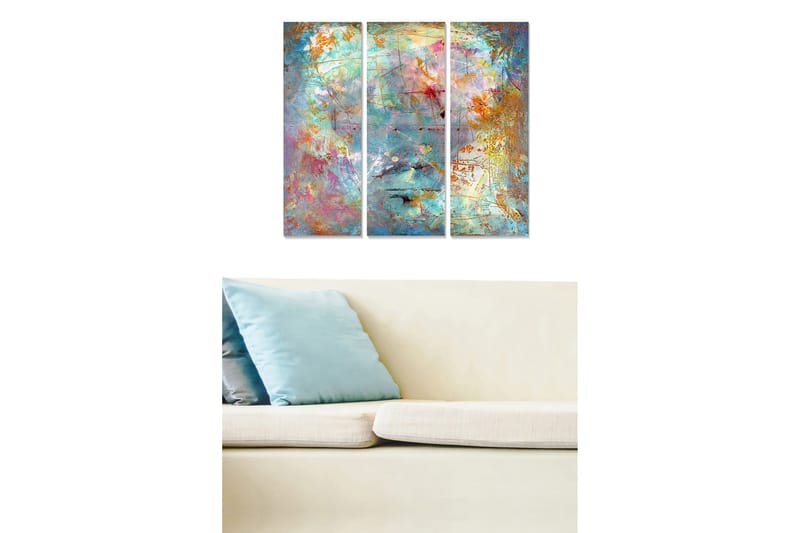 Puinen canvas-taulu, 3 osaa, 50x70 cm - Abstrakti sommitelma värikkäillä kuvioilla ja tekstuureilla, Turkoosi / Oranssi / Vaaleanpunainen