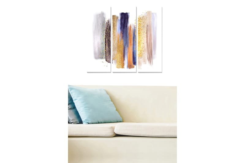 Puinen canvas-taulu, 3 osaa, 50x70 cm - Abstrakti sommitelma värikkäillä siveltimenvedoilla ja kimaltelevilla yksityiskohdilla, Violetti / Kulta / Beige