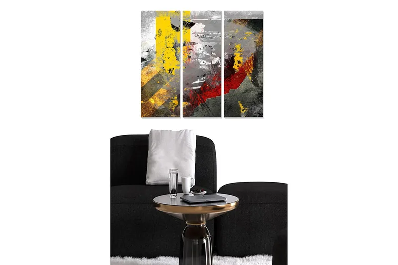 Puinen canvas-taulu, 3 osaa, 50x70 cm - Abstrakti sommitelma vahvoilla väreillä ja tekstuureilla, Keltainen / Punainen / Harmaa