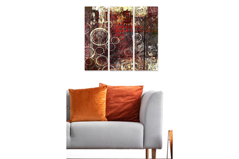 Puinen canvas-taulu, 3 osaa, 50x70 cm - Abstrakti sommitelma pyöreillä muodoilla - Punainen / Ruskea / Kulta - Sisustustuotteet - Taulu & taide - Canvas-taulu