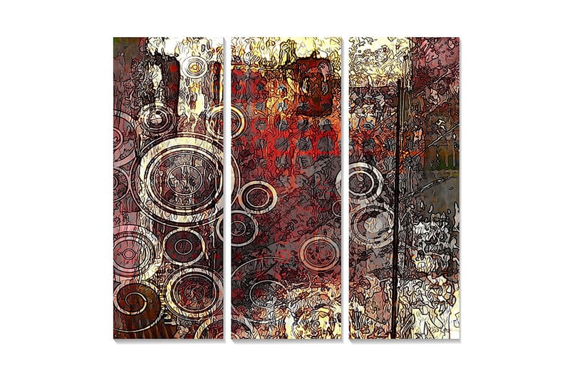 Puinen canvas-taulu, 3 osaa, 50x70 cm - Abstrakti sommitelma pyöreillä muodoilla, Punainen / Ruskea / Kulta