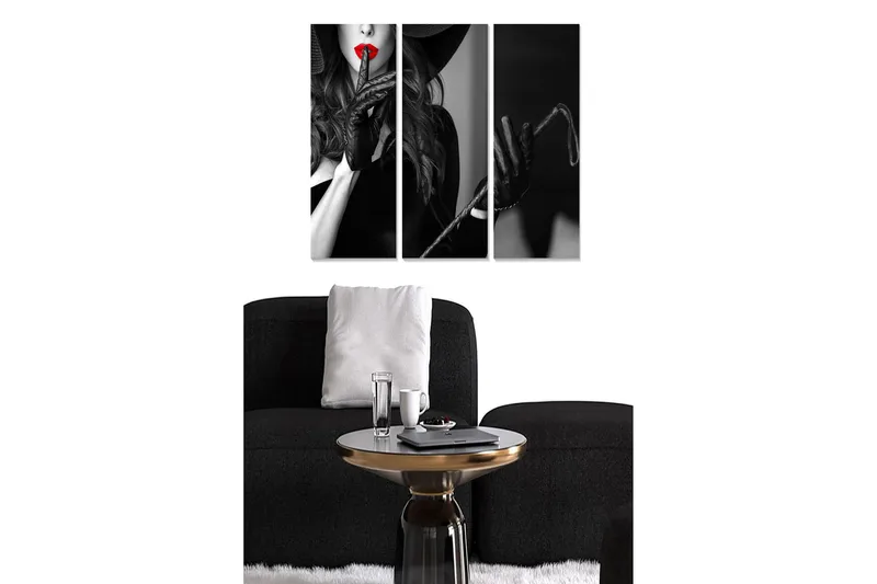 Puinen canvas-taulu, 3 osaa, 50x70 cm - Aistillinen nainen punaisella huulipunalla ja mustilla hanskoilla - Musta / Punainen - Sisustustuotteet - Taulu & taide - Canvas-taulu