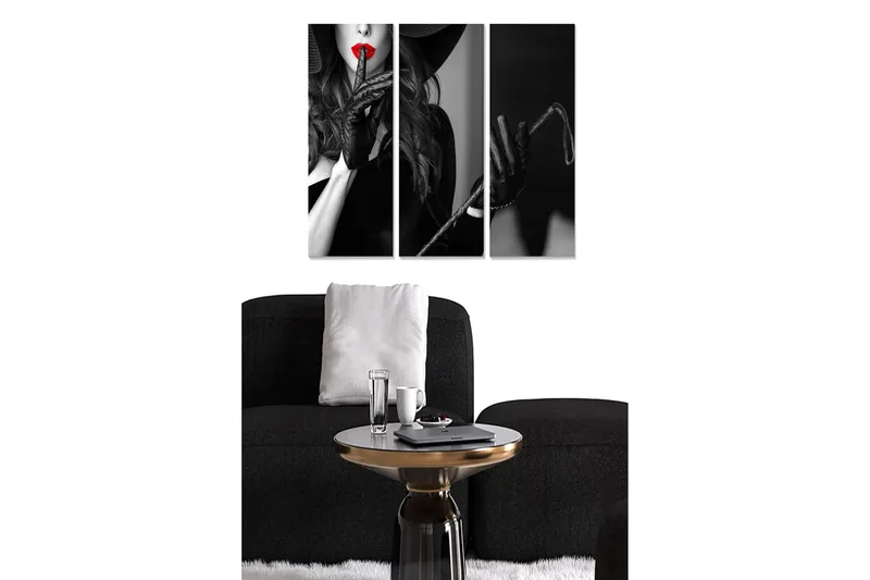 Puinen canvas-taulu, 3 osaa, 50x70 cm - Aistillinen nainen punaisella huulipunalla ja mustilla hanskoilla, Musta / Punainen