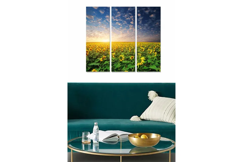 Puinen canvas-taulu, 3 osaa, 50x70 cm - Aurinkoiset pellot auringonkukkien kera kirkkaan taivaan alla, Keltainen / Vihreä / Sininen