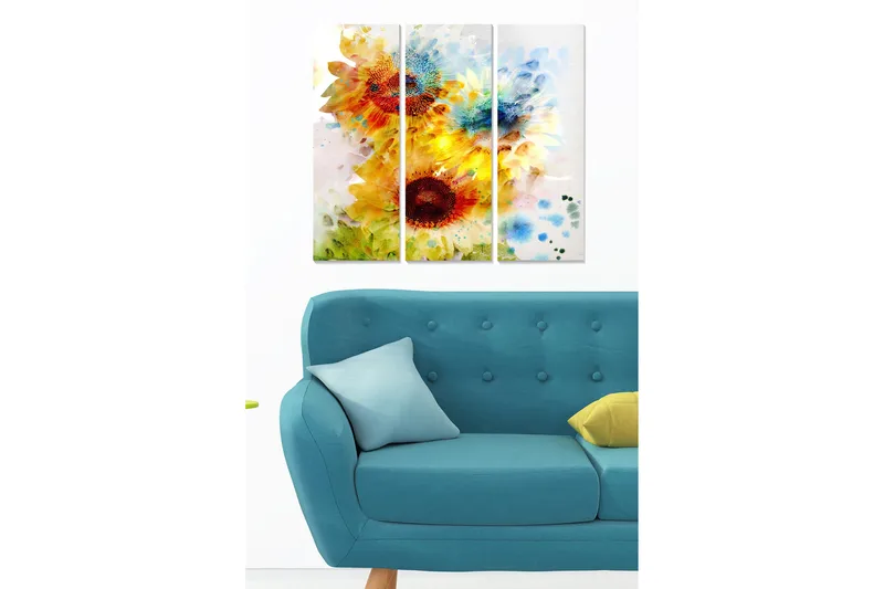 Puinen canvas-taulu, 3 osaa, 50x70 cm - Aurinkoisia auringonkukkia eloisassa sommitelmassa, Keltainen / Vihreä / Punainen