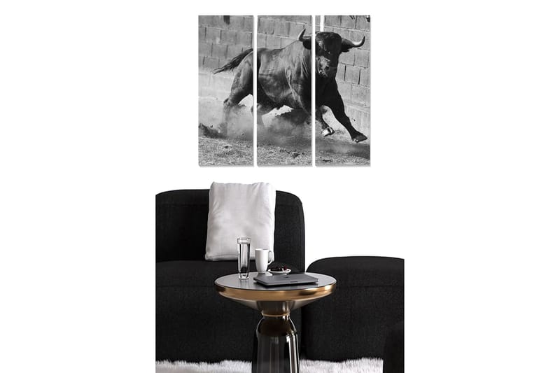 Puinen canvas-taulu, 3 osaa, 50x70 cm - Dynaaminen härkä liikkeessä, Musta / Valkoinen / Harmaa