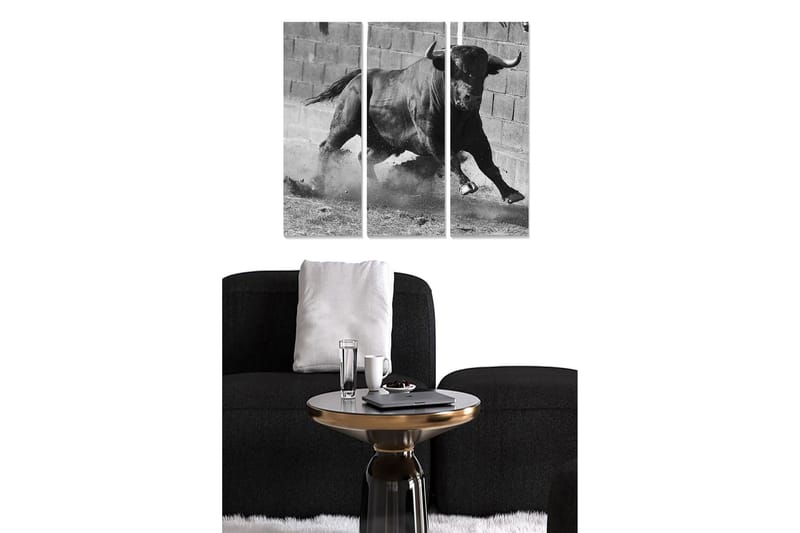 Puinen canvas-taulu, 3 osaa, 50x70 cm - Dynaaminen härkä liikkeessä, Musta / Valkoinen / Harmaa